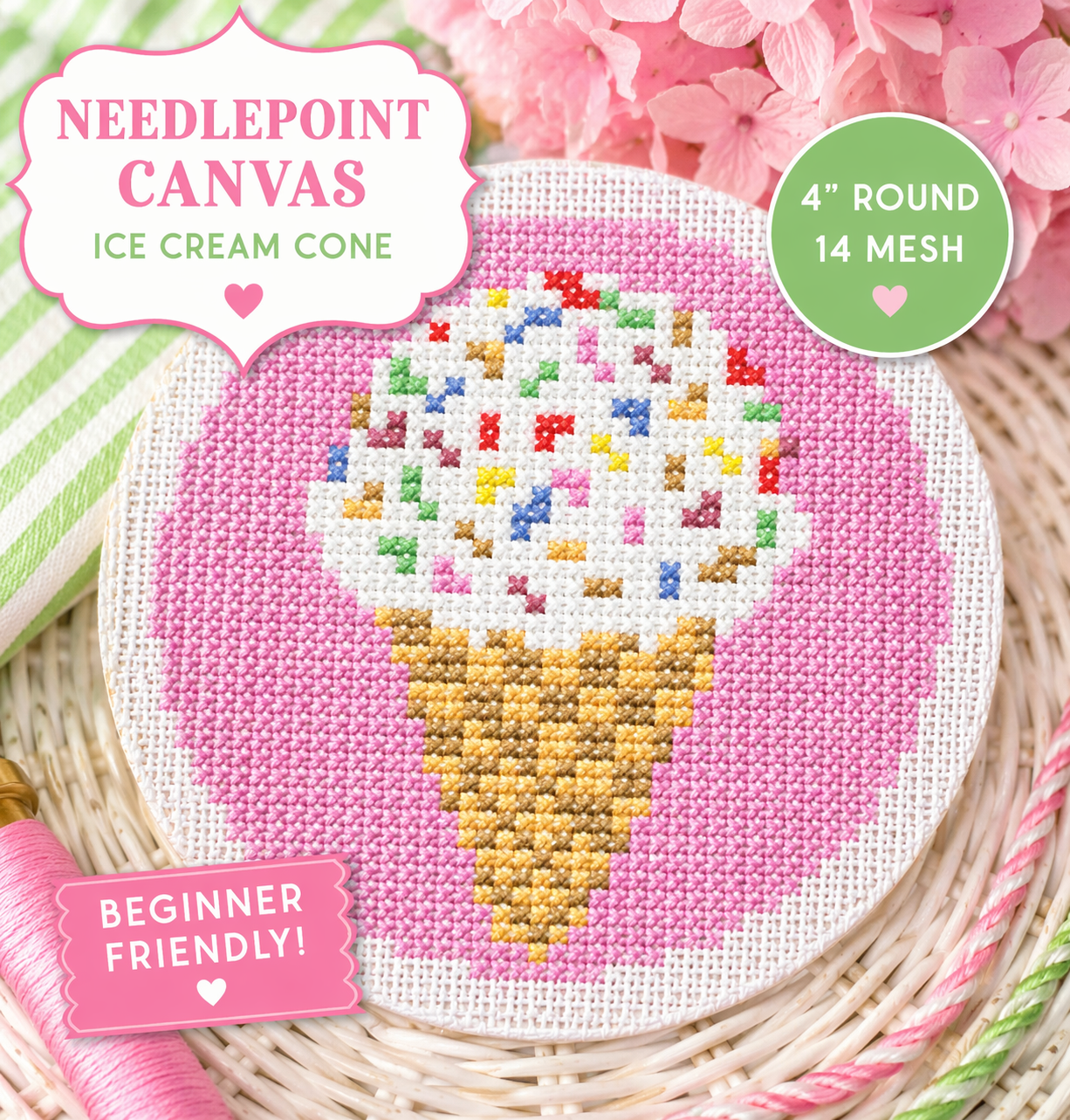 ice cream cone needlepoint canvas | 4” round | 14 mesh zweigart | pink sprinkle ice cream | summer ornament canvas | beginner friendly