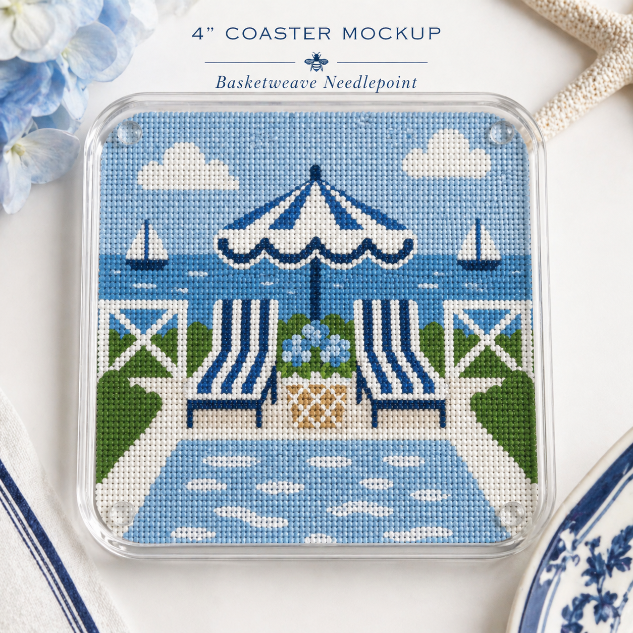 coastal lounge needlepoint canvas | 4x4 square | 14 or 16 mesh | blue & white poolside design | digitally painted, stitch painted detail