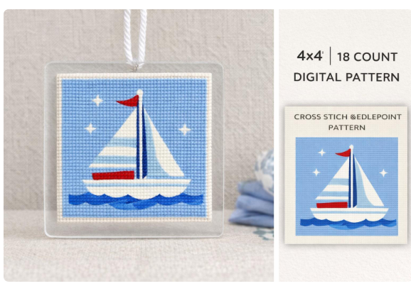 sailboat needlepoint & cross stitch pattern | 4x4 inch | 18 count chart | coastal nautical digital download