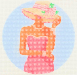 summer girl needlepoint canvas | 4x4 inch | 14 count mesh | coastal nantucket style | pink dress sunhat design