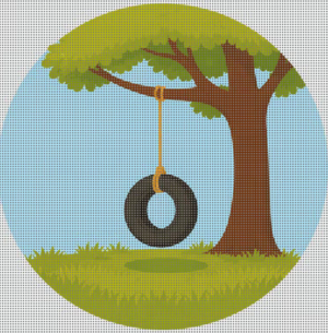 tire swing needlepoint canvas – 4” round on 14 mesh – tree swing design – digitally painted with stitch painted details – summer nostalgia