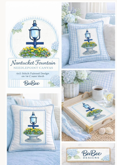 nantucket fountain needlepoint canvas – 4x5inch design on 14 mesh – coastal preppy needlepoint ornament, pillow or framed art