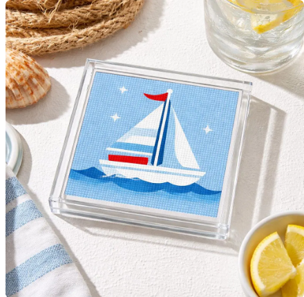 sailboat needlepoint canvas | 4x4 inch | 18 mesh digital painted with stitch painted details