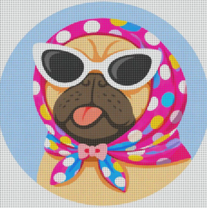patty pug needlepoint canvas – 4” round on 14 mesh – preppy pink scarf dog – stitch painted needlepoint ornament
