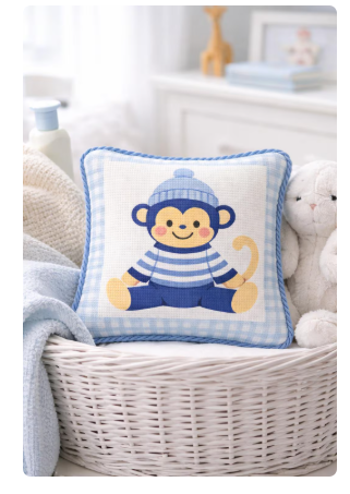 preppy monkey needlepoint canvas – 4" square – 14 mesh – cute nautical monkey ornament – digitally printed