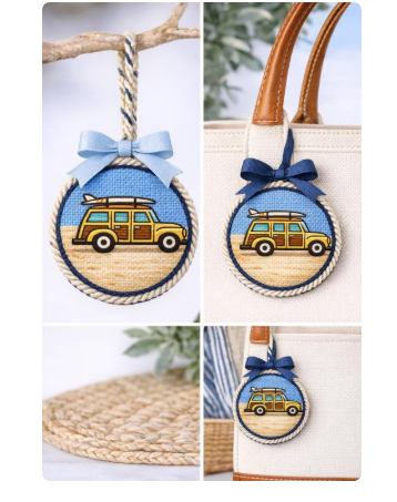 jeep wagon old woodie needlepoint canvas 4 inch round 14 count mesh