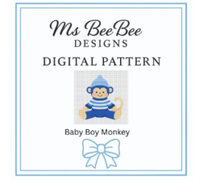 baby boy monkey needlepoint pattern | 4x4 inch digital download | 14 count mesh / nursery needlepoint canvas design | blue chinoiserie style