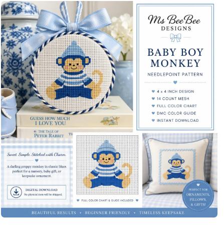 baby boy monkey needlepoint pattern | 4x4 inch digital download | 14 count mesh / nursery needlepoint canvas design | blue chinoiserie style