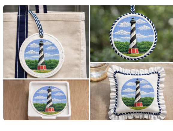 cape hatteras lighthouse needlepoint canvas – 4” round | 14 count