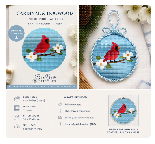 cardinal & dogwood needlepoint pattern | 4x4 inch round | 14 mesh | digital download | southern charm needlepoint | beginner friendly