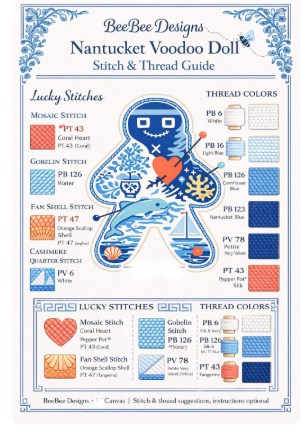 chinoiserie doll needlepoint canvas | 4x5 inch ornament canvas | coastal blue & coral | beebee designs