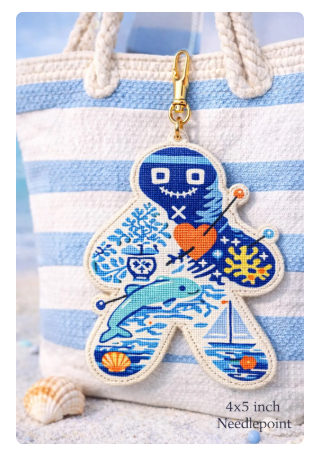 chinoiserie doll needlepoint canvas | 4x5 inch ornament canvas | coastal blue & coral | beebee designs