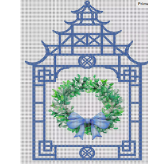 chinoiserie gazebo wreath needlepoint canvas | 4x5 inch on 14 count mesh