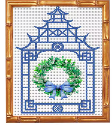 chinoiserie gazebo wreath needlepoint canvas | 4x5 inch on 14 count mesh