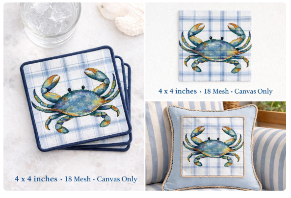 crab needlepoint canvas – 4x4 in | 18 mesh | digitally painted with stitch painted details
