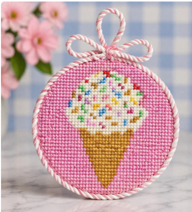 ice cream cone needlepoint pattern pdf | 4 inch round cross stitch pattern | pink sprinkle ice cream digital download | beginner friendly