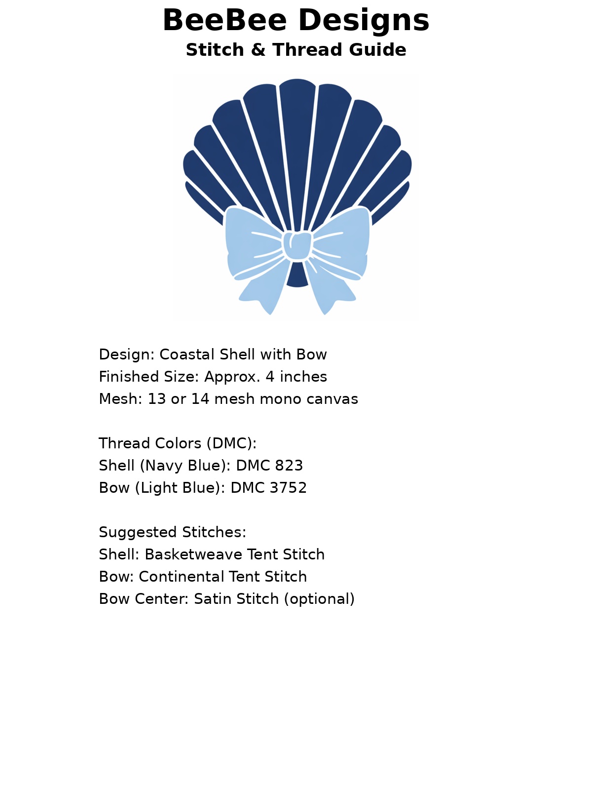 shell needlepoint canvas – navy & soft blue bow – 4 inch round – 14 count mesh