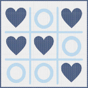 blue chinoiserie tic tac toe needlepoint canvas – 4x4 inches – 14 count mesh – hearts & circles