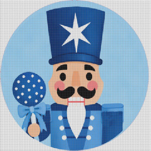 blue nutcracker needlepoint canvas – 4” round on 14 mesh –coastal christmas ornament – stitch painted details