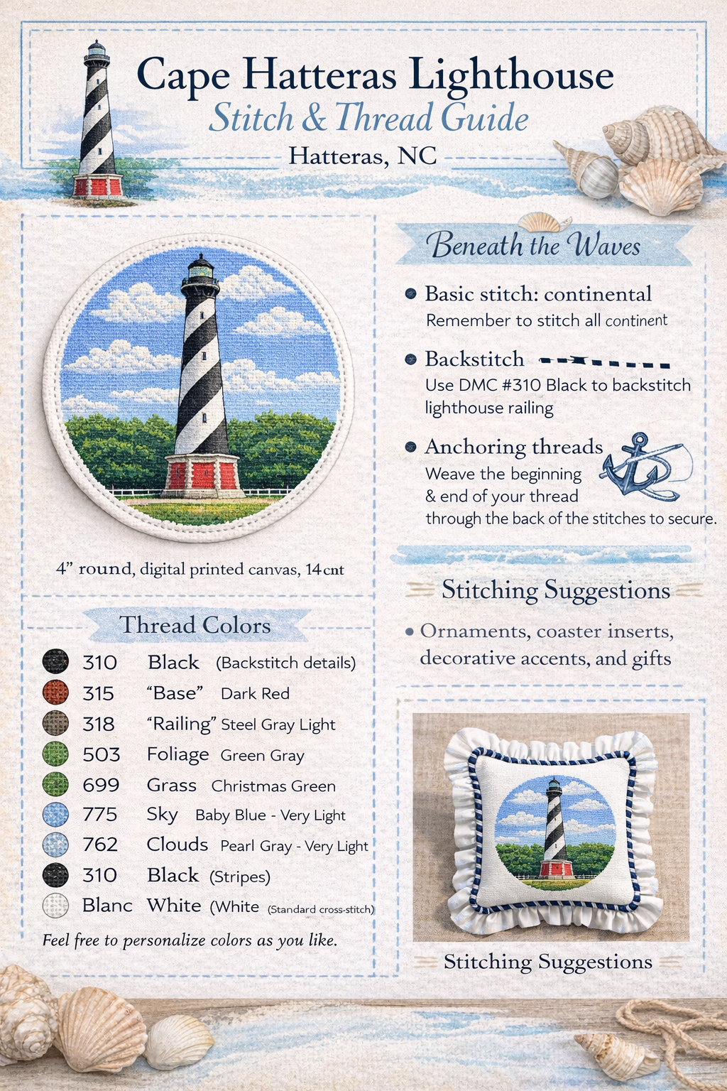 cape hatteras lighthouse needlepoint canvas – 4” round | 14 count