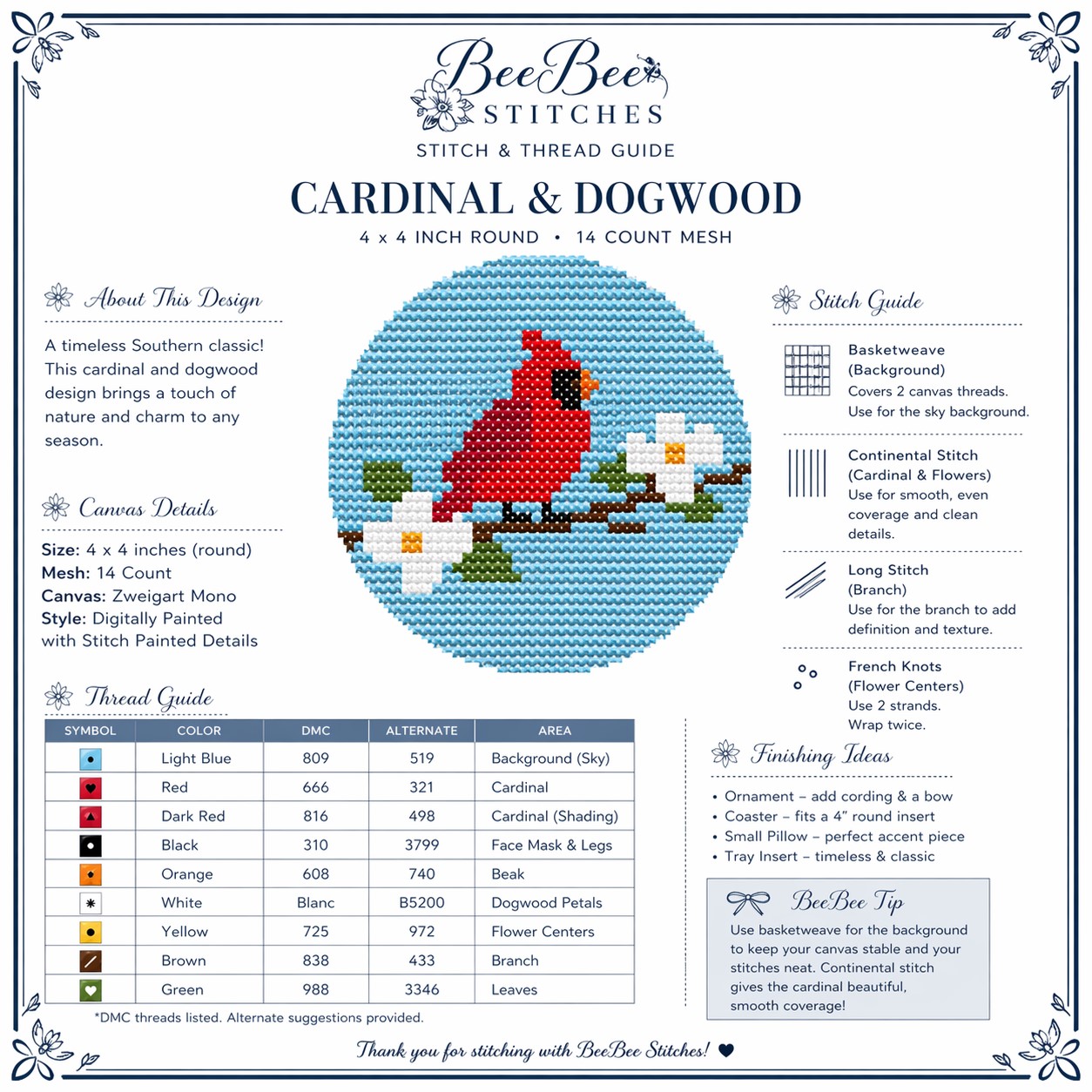 cardinal & dogwood needlepoint canvas | 4x4 round | 14 count mesh | hand painted style | stitch painted details | southern needlepoint
