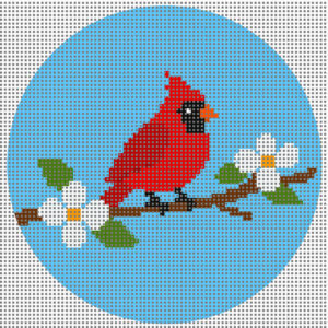cardinal & dogwood needlepoint canvas | 4x4 round | 14 count mesh | hand painted style | stitch painted details | southern needlepoint