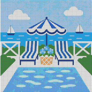 coastal lounge needlepoint canvas | 4x4 square | 14 or 16 mesh | blue & white poolside design | digitally painted, stitch painted detail