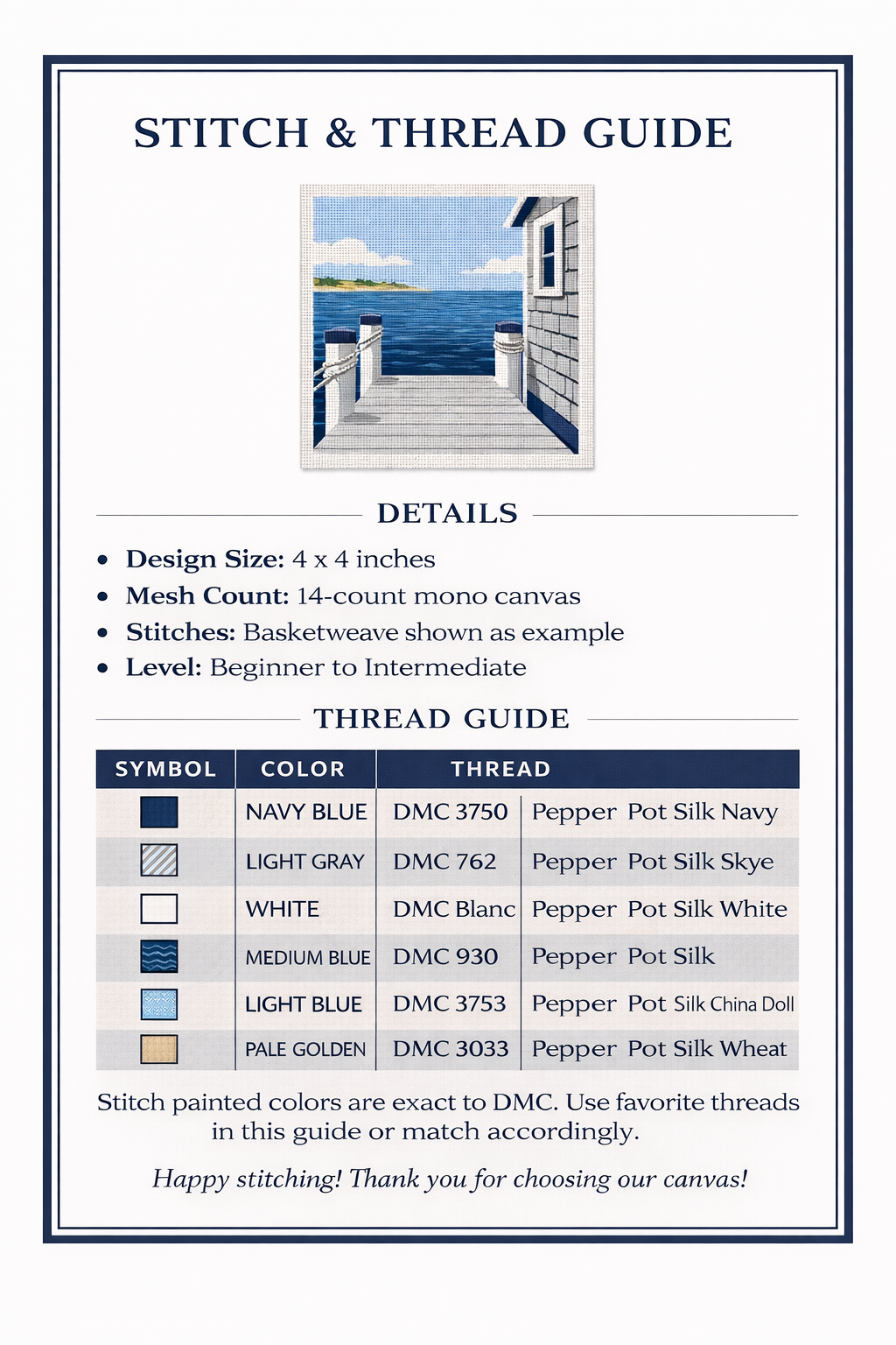 nantucket dock needlepoint canvas | coastal nautical design | 4x4 inch | 14 mesh