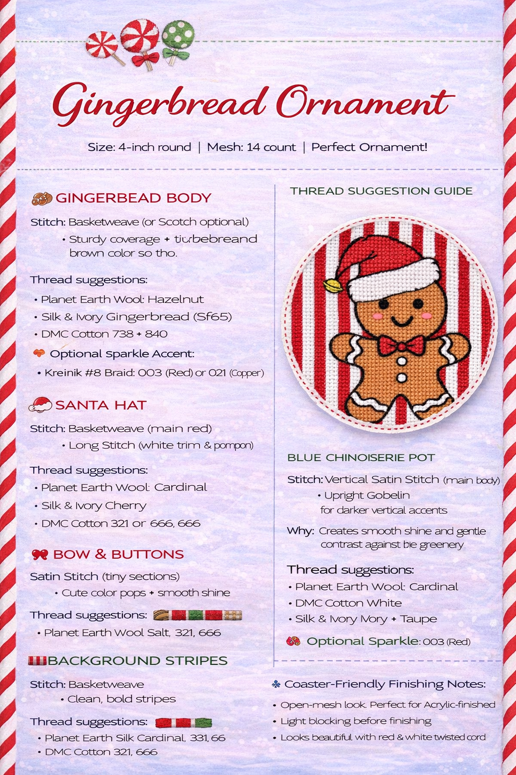 gingerbread man needlepoint ornament canvas: christmas design, 4x4 design