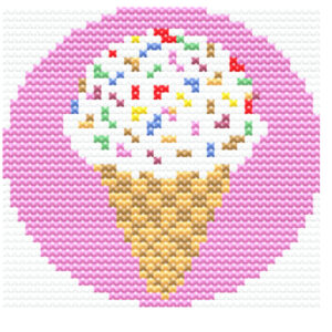 ice cream cone needlepoint canvas | 4” round | 14 mesh zweigart | pink sprinkle ice cream | summer ornament canvas | beginner friendly