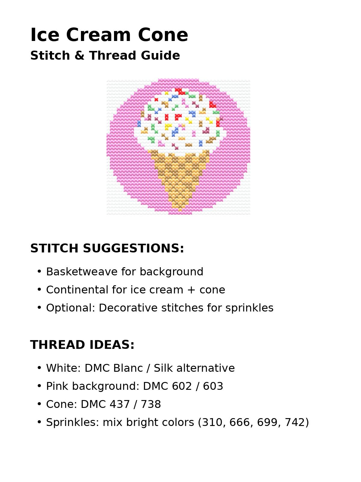 ice cream cone needlepoint canvas | 4” round | 14 mesh zweigart | pink sprinkle ice cream | summer ornament canvas | beginner friendly