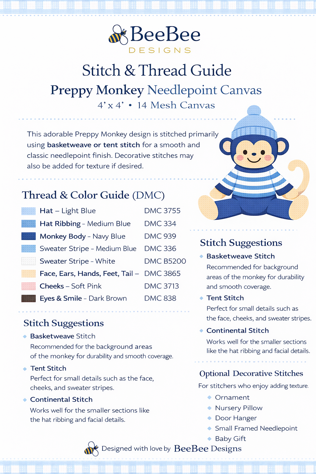 preppy monkey needlepoint canvas – 4" square – 14 mesh – cute nautical monkey ornament – digitally printed