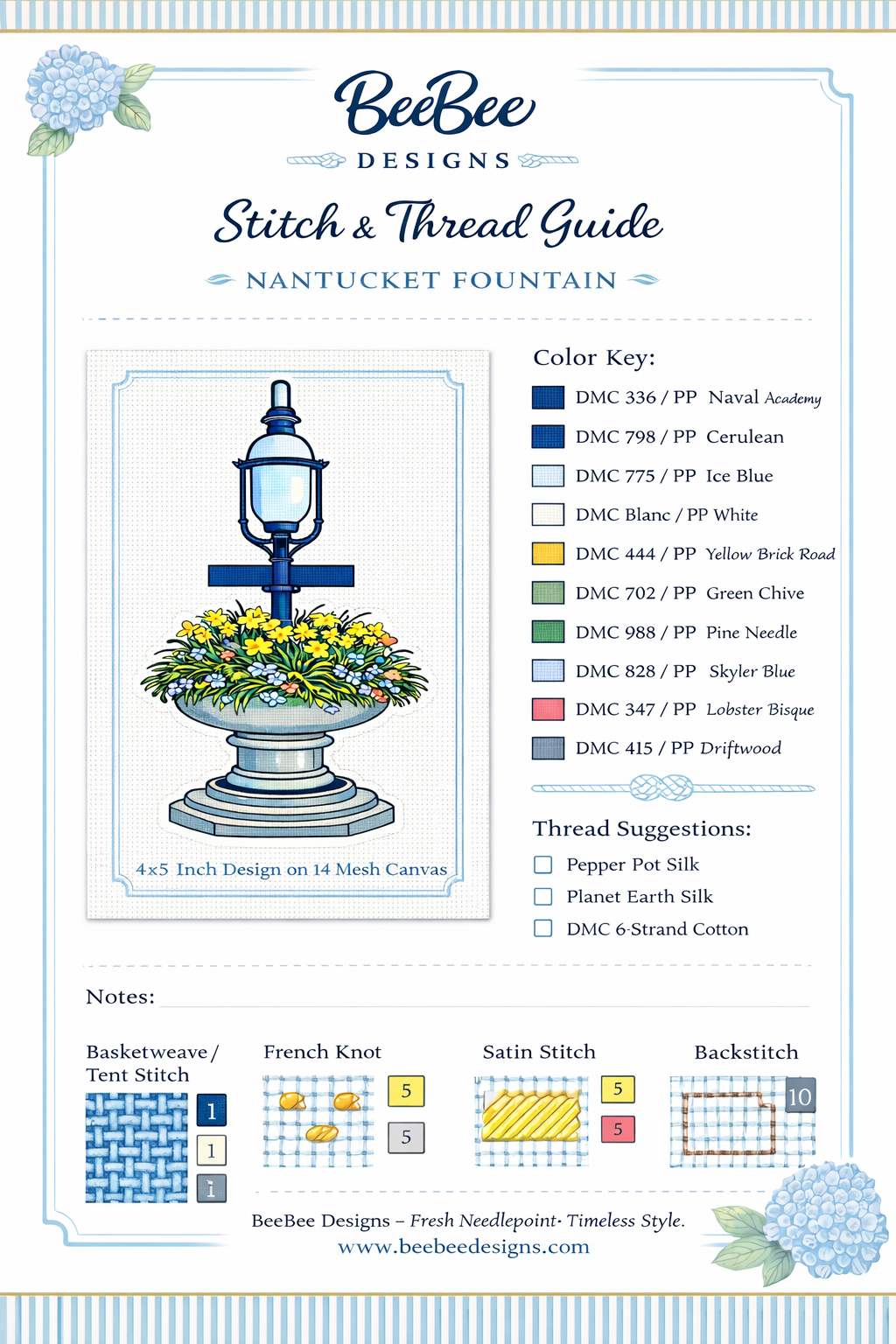 nantucket fountain needlepoint canvas – 4x5inch design on 14 mesh – coastal preppy needlepoint ornament, pillow or framed art
