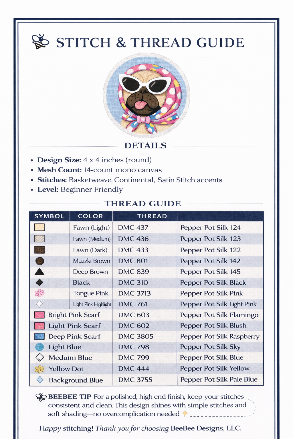 patty pug needlepoint canvas – 4” round on 14 mesh – preppy pink scarf dog – stitch painted needlepoint ornament