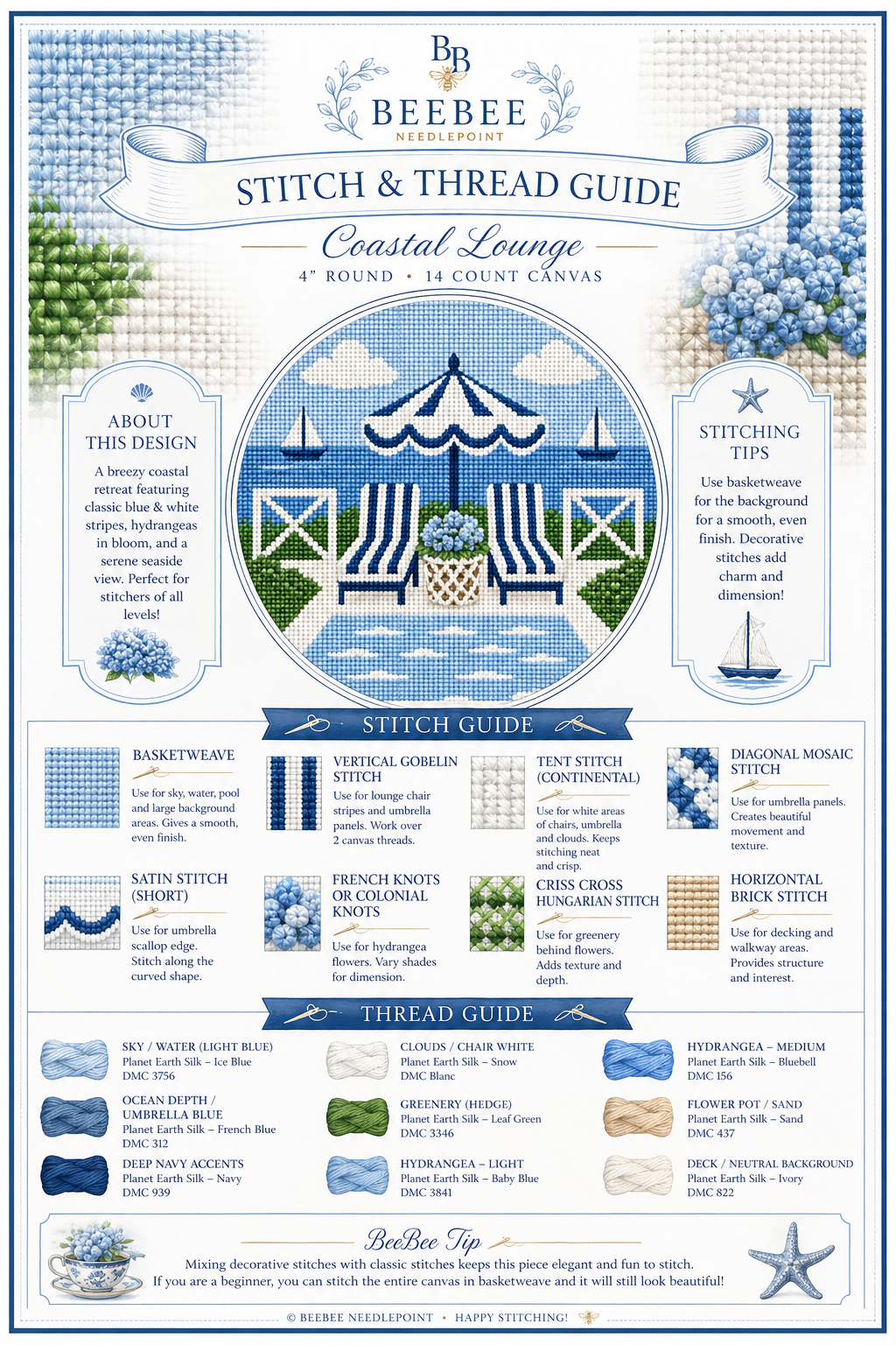 coastal lounge needlepoint canvas | 4x4 square | 14 or 16 mesh | blue & white poolside design | digitally painted, stitch painted detail