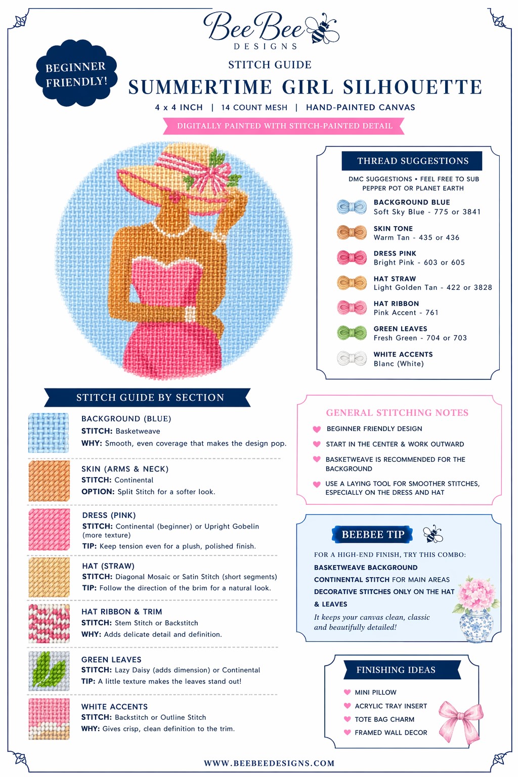 summer girl needlepoint canvas | 4x4 inch | 14 count mesh | coastal nantucket style | pink dress sunhat design