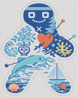 chinoiserie doll needlepoint canvas | 4x5 inch ornament canvas | coastal blue & coral | beebee designs