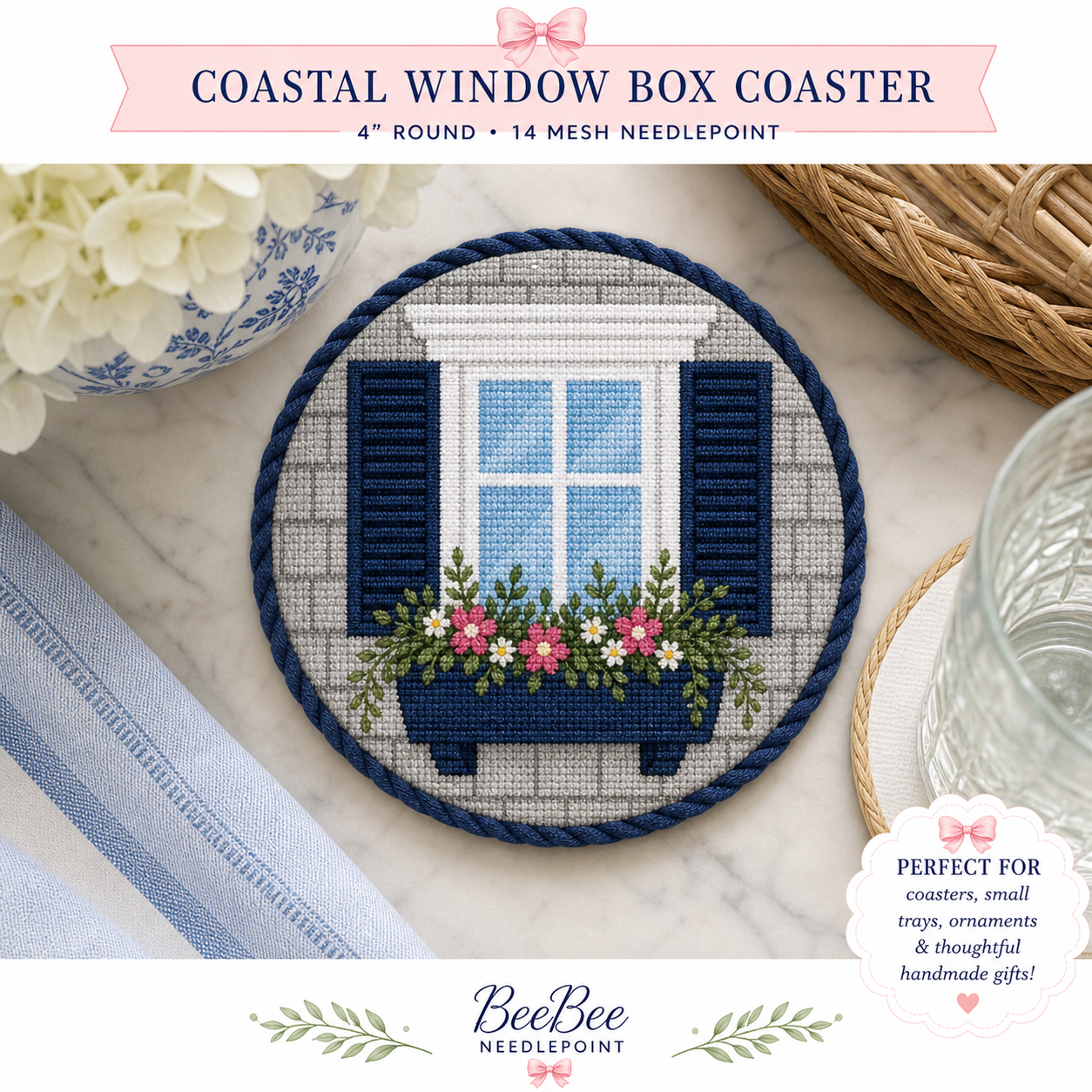 coastal window box needlepoint canvas – 4” round on 14 mesh – blue shutters floral design – digitally painted with stitch painted details