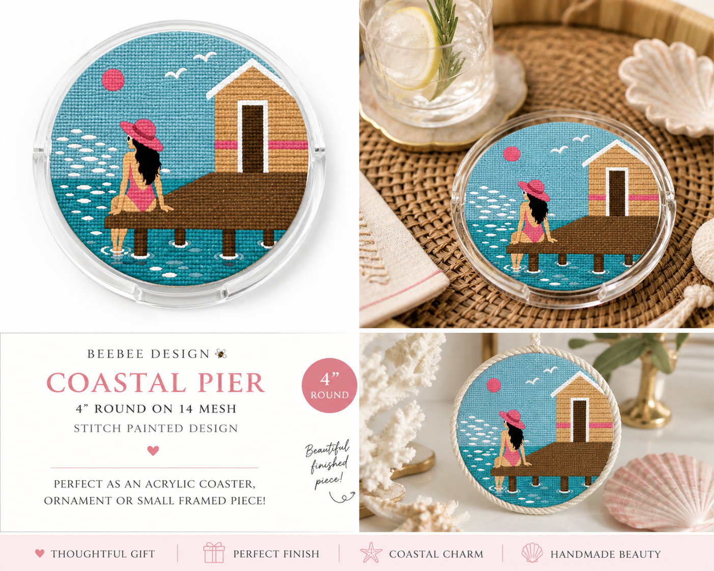 coastal window box needlepoint canvas – 4” round on 14 mesh – blue shutters floral design – digitally painted with stitch painted details