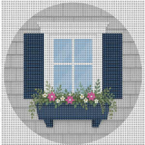 coastal window box needlepoint canvas – 4” round on 14 mesh – blue shutters floral design – digitally painted with stitch painted details