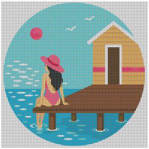 coastal window box needlepoint canvas – 4” round on 14 mesh – blue shutters floral design – digitally painted with stitch painted details