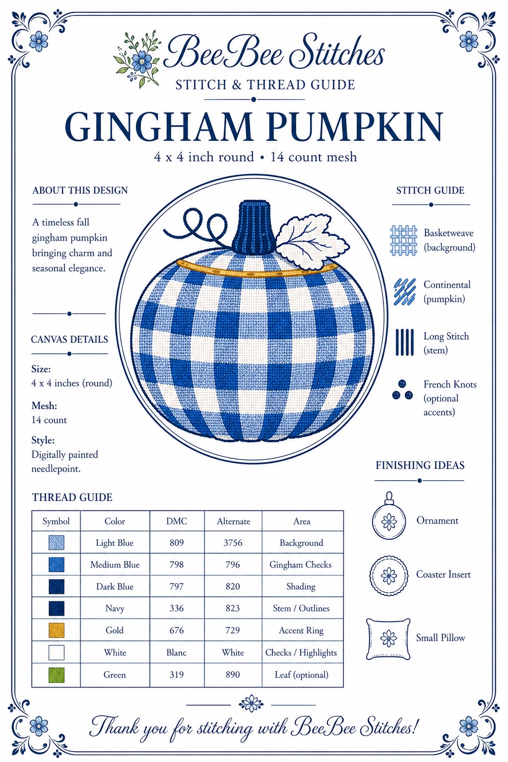 blue gingham pumpkin needlepoint canvas, 4x4 round, 14 mesh, fall needlepoint design, preppy coastal pumpkin, stitch painted canvas