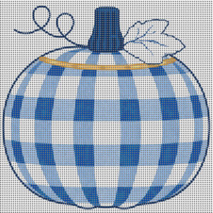 blue gingham pumpkin needlepoint canvas, 4x4 round, 14 mesh, fall needlepoint design, preppy coastal pumpkin, stitch painted canvas