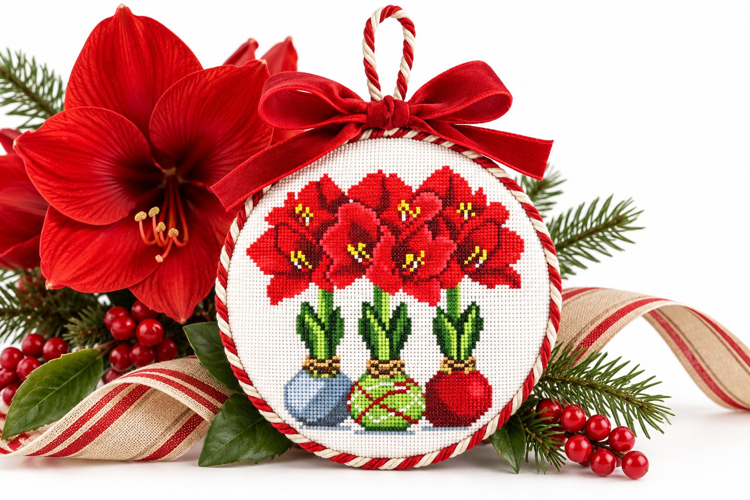 amaryllis needlepoint christmas ornament