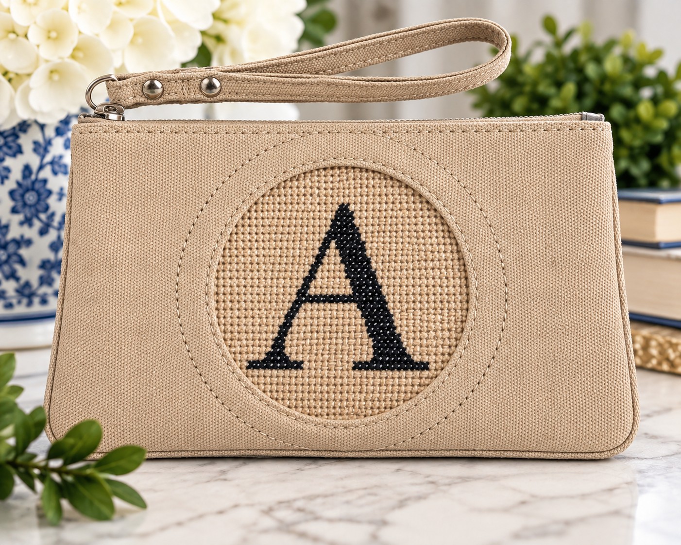 monogram needlepoint clutch kit | taupe wristlet with 4 inch unstitched canvas , needlepoint gift